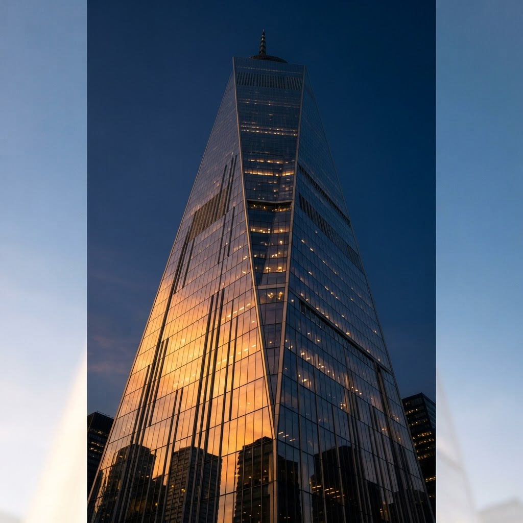 Modern financial tower reflecting golden light